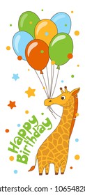 Happy birthday vector card template. Children's birthday poster with cute african giraffe. Set of birthday design elements.