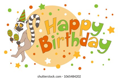 Happy birthday vector card template. Ð¡hildren's birthday poster with cute african lemur with maraca. Set of birthday design elements.