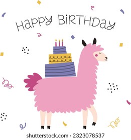 Happy Birthday vector card template. Illustration with a llama, holiday confetti, cake and candles
