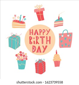 Happy Birthday vector card with text, gift bag, present box, cakes with candles, muffin, flowers. Decorative isolated elements on white background