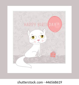 Happy Birthday vector card with a white cat