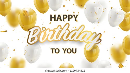 Happy birthday vector Celebration party banner Golden foil confetti and white and glitter gold balloons.