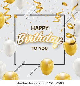 Happy birthday vector Celebration party banner Golden foil confetti and white and glitter gold balloons.