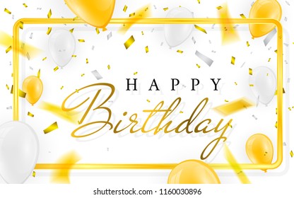 Happy birthday vector Celebration party banner Golden foil confetti and white and glitter gold balloons.