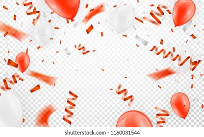 Happy birthday vector Celebration party banner Red foil confetti and white and glitter red balloons.