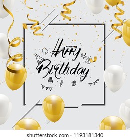 Happy birthday vector Celebration party banner Golden foil confetti and white and glitter gold balloons.