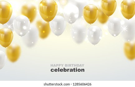 Happy birthday vector Celebration party banner Golden foil confetti and white and glitter gold balloons.