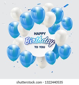 Happy birthday vector Celebration party banner Golden foil confetti and white and glitter blue balloons.