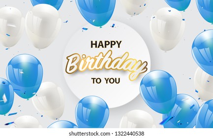 Happy birthday vector Celebration party banner Golden foil confetti and white and glitter blue balloons.