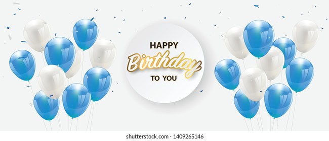 Happy birthday vector Celebration party banner Golden foil confetti and white and glitter blue balloons.