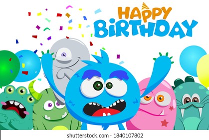 Happy birthday vector character design. Happy birthday text in white space with scary cute monster creature characters for kids party celebration greeting card design. Vector illustration. 