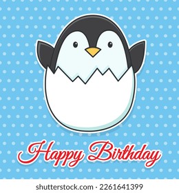 Happy birthday vector childrens card. Little cute penguin peeks out of the egg