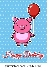 Happy birthday vector childrens card. Cute pink pig with a red balloon