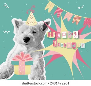 Happy birthday. Vector collage illustrations of dog in cap, birthday cake, lettering for a greeting card or background