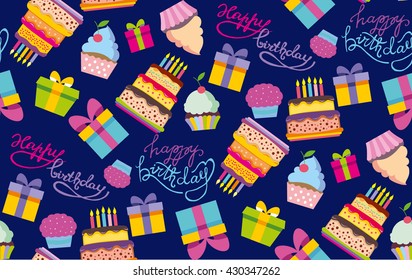 Happy birthday vector color pattern. Happy birthday vector background. Pattern with cake, cupcake, present box vector. Vector illustration.