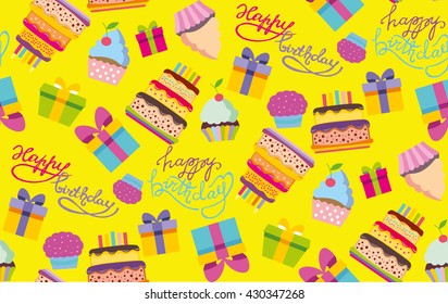 Happy birthday vector color pattern. Happy birthday vector background. Pattern with cake, cupcake, present box vector. Vector illustration.