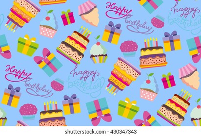 Happy birthday vector color pattern. Happy birthday vector background. Pattern with cake, cupcake, present box vector. Vector illustration.