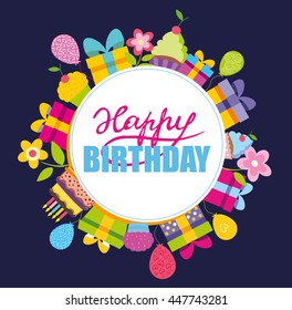 Happy birthday vector concept  banner for invitation, party. Illustration with present, flower, balloon,cupcake and cake. Happy birthday template.Vector illustration.