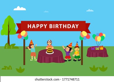 Happy Birthday vector concept: children having an outdoor birthday party at park