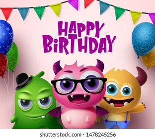 Happy birthday vector concept design. Cute little monsters creature characters and happy birthday text with colorful party elements like balloons and pennants in pink background. Vector illustration.