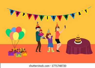 Concepto de vector de cumpleaños feliz: grupo de familia tomando fotos juntos en la fiesta de cumpleaños