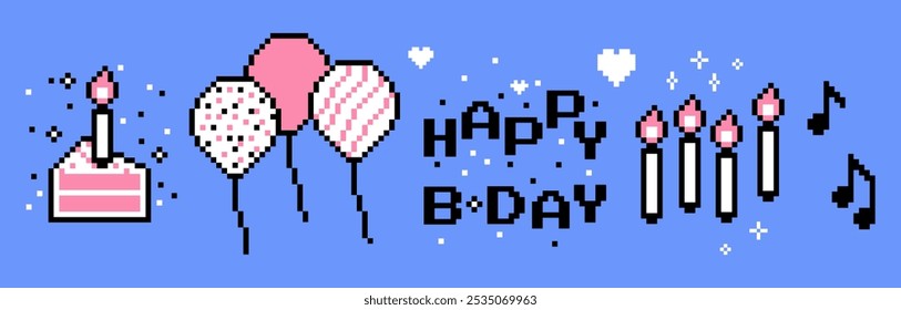 Feliz aniversário vetor conceito em pixel art. Padrão. Bolo de festa. Velas. Presente. Engraçado adesivo de festa de aniversário. Elementos abstratos do jogo. Forma moderna brilhante para colagem e cartazes sobre fundo azul