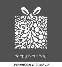 Happy Birthday. Vector Decoration Made From Swirl Shapes. Greeting, Invitation Card. Simple Decorative Gray And White Illustration For Print, Web.