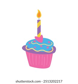 Feliz vetor de aniversário delicioso cupcake plana e muffin com creme doce e ícone de vela em chamas. Sobremesa em estilo doodle para festa, aniversário, celebração de casamento