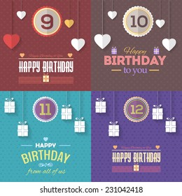 Happy Birthday Vector Design age of 9, 10, 11, 12. Announcement and Celebration Message Poster, Flyer Flat Style 