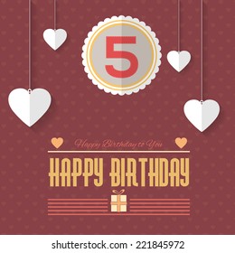 Happy Birthday Vector Design. Announcement and Celebration Message Poster, Flyer Flat Style, 5 years 