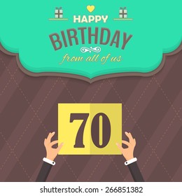 Happy Birthday Vector Design. Announcement and Celebration Message Poster, Flyer Flat Style Age Seventy