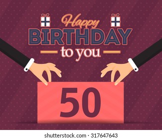 Happy Birthday Vector Design. Announcement and Celebration Message Poster, Flyer Flat Style Age Fifty