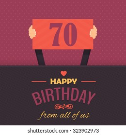 Happy Birthday Vector Design. Announcement and Celebration Message Poster, Flyer Flat Style Age Seventy