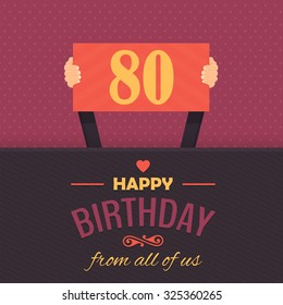 Happy Birthday Vector Design. Announcement and Celebration Message Poster, Flyer Flat Style Age Eighty