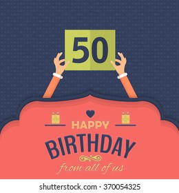 Happy Birthday Vector Design. Announcement and Celebration Message Poster, Flyer Flat Style Age Fifty