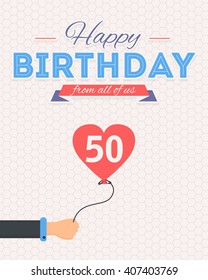 Happy Birthday Vector Design. Announcement and Celebration Message Poster, Flyer Flat Style Age 50