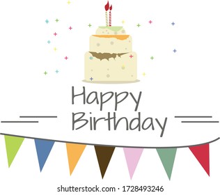 Happy birthday vector design with cake and  multi color flag . good for birthday greeting
