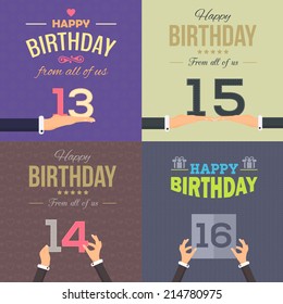 Happy Birthday Vector Design Collection. Announcement and Celebration Message Poster, Flyer Flat Style 