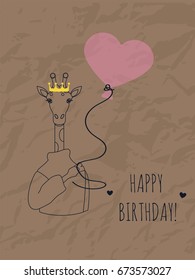 Happy Birthday vector design with cute giraffe. Card, poster, invitation. Vector illustration.