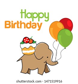 Happy birthday vector design with elephant bring cake and balloons.