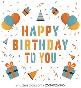 Diseño de Vector de feliz cumpleaños con texto de 'feliz cumpleaños para usted' con Elementos divertidos como globos, regalos y decoraciones de confeti, perfecto para tarjetas de felicitación e invitaciones de celebración de cumpleaños