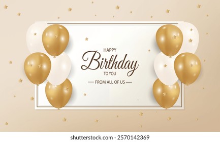 Happy Birthday vector design with Golden and White Balloons on Beige Background, Featuring a Gold Star - Perfect for Celebrations and Birthday Wishes, decoration, Greeting Cards and Invitations.