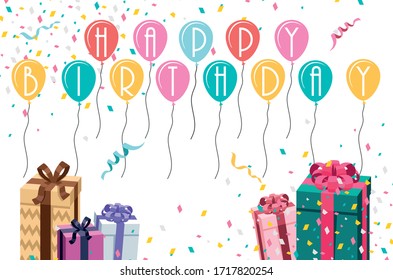 Happy birthday vector design for greeting cards, advertisements, publications, and posters with  balloons, gift boxes, letters, ribbons. design template for celebration.