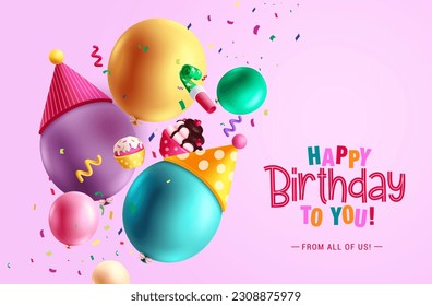 Happy birthday vector design. Birthday greeting text with balloons and cup cake party elements. Vector illustration invitation card template.