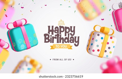 Feliz diseño vectorial de cumpleaños. Feliz texto de bienvenida de cumpleaños con colorida caja de regalo para la decoración de elementos sorpresa. Fondo de la tarjeta de invitación de la ilustración del vector.