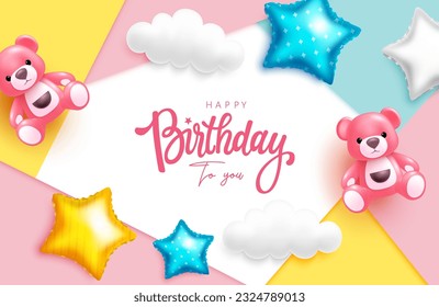 Happy birthday vector design. Birthday greeting text with teddy bear picture and star shape balloons. Vector illustration invitation card in abstract background.