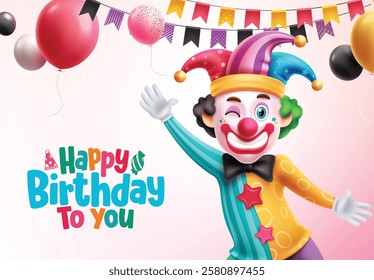 Happy birthday vector design. Birthday greeting text with party clown character, balloons and pennants decoration elements. Vector illustration celebration invitation card.
