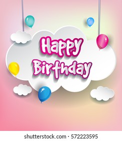 Happy Birthday vector design for greeting cards with balloon and clouds, isolated with clouds on colorful background