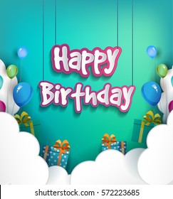 Happy Birthday vector design for greeting cards with balloon and gift box, isolated with clouds on colorful background