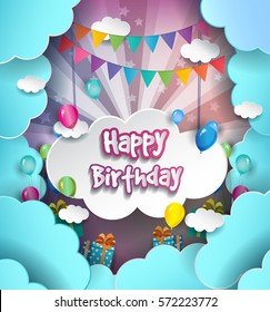 Happy Birthday vector design for greeting cards with balloon and gift box, isolated with clouds on colorful background